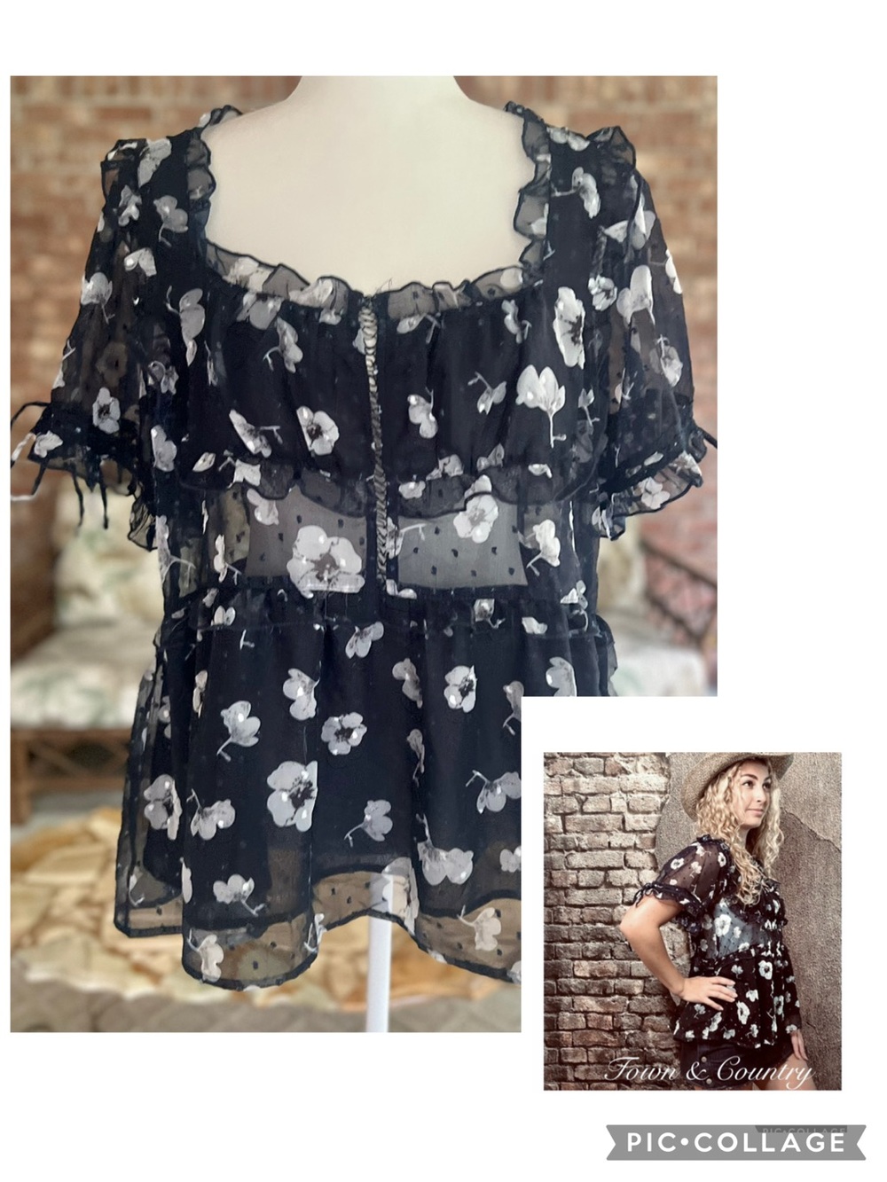 POL Navy Blue Floral Semi Sheer Waist Chiffon Relaxed Top M Cottage Core